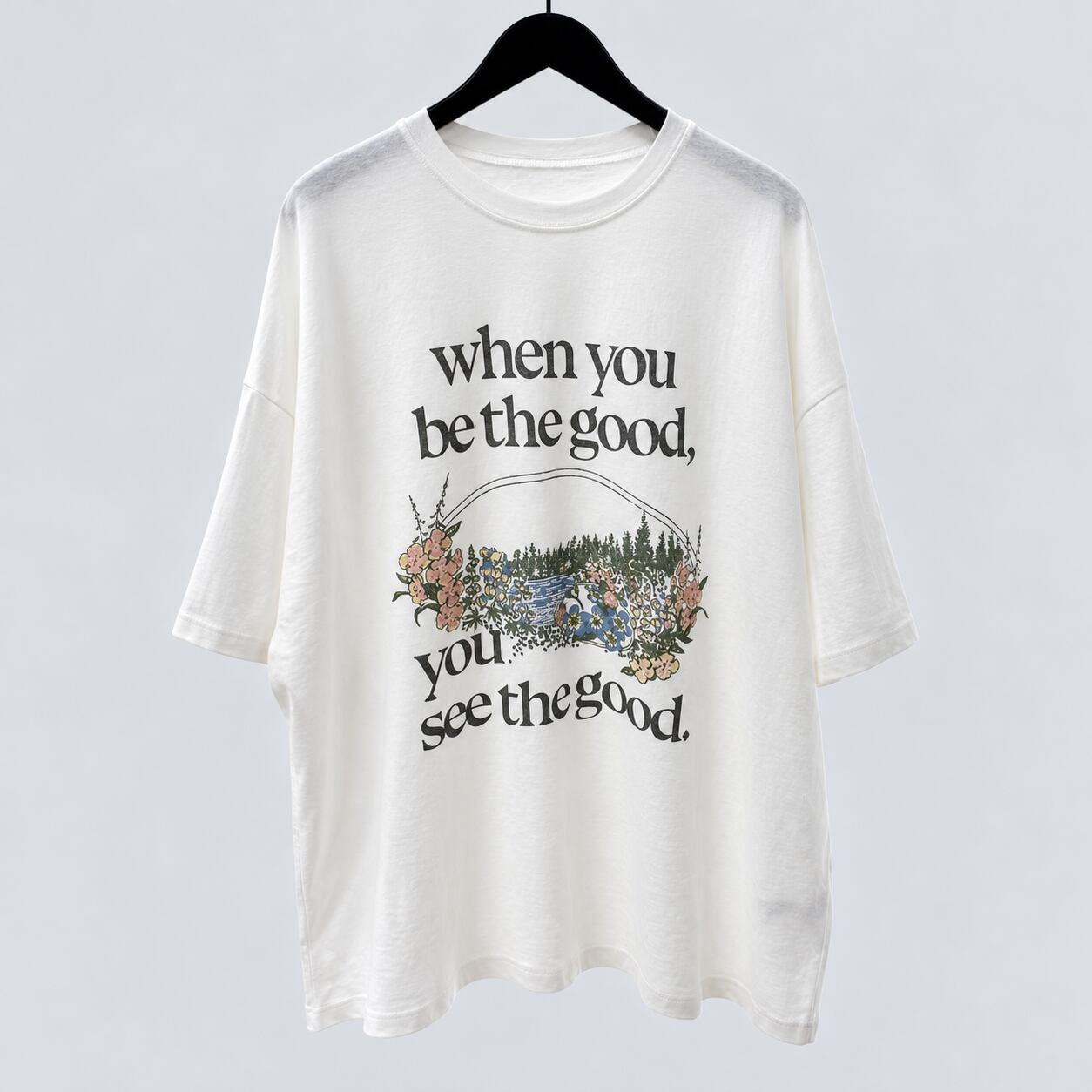 英字ロゴ フラワーアート オーバーサイズTシャツ ホワイト 綿100% フリーサイズ レディース