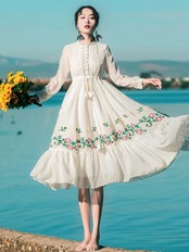 【0161】Flower Embroidery A-line Long Sleeve Dress