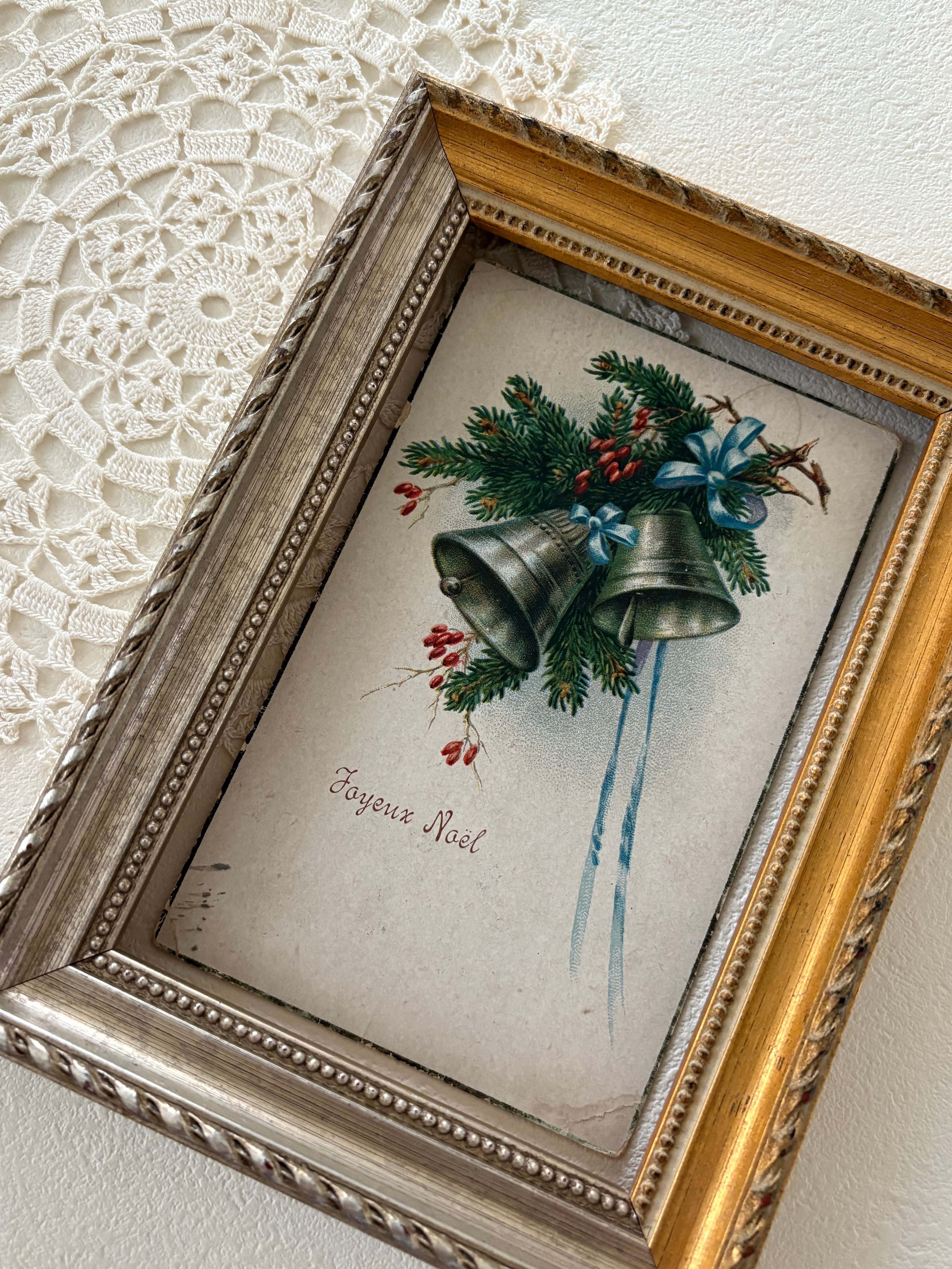 アンティークポストカード Joyeux Noël 1920年 クリスマスベル Ruban リボン クリスマス フランス 額装 インテリア コレクション