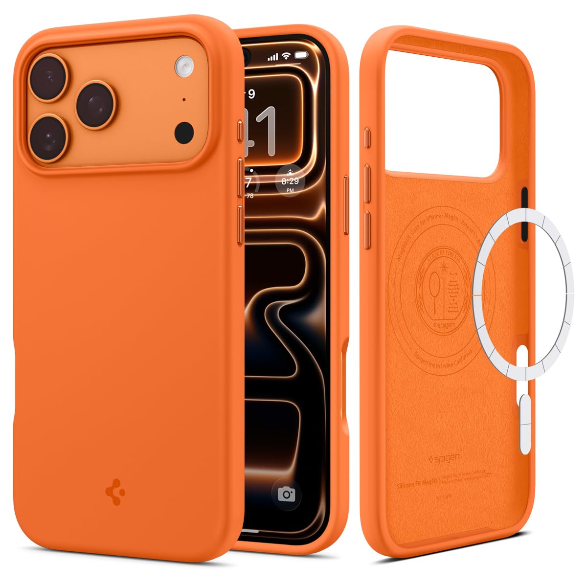 Spigen 【創業18年の技術力】 iPhone 17 Pro ケース MagSafe対応 シリコン素材 マグネット搭載 マット 耐衝撃 米軍MIL規格 シリコン・フィット・マグフィット (コスミック・オレンジ) ACS11379