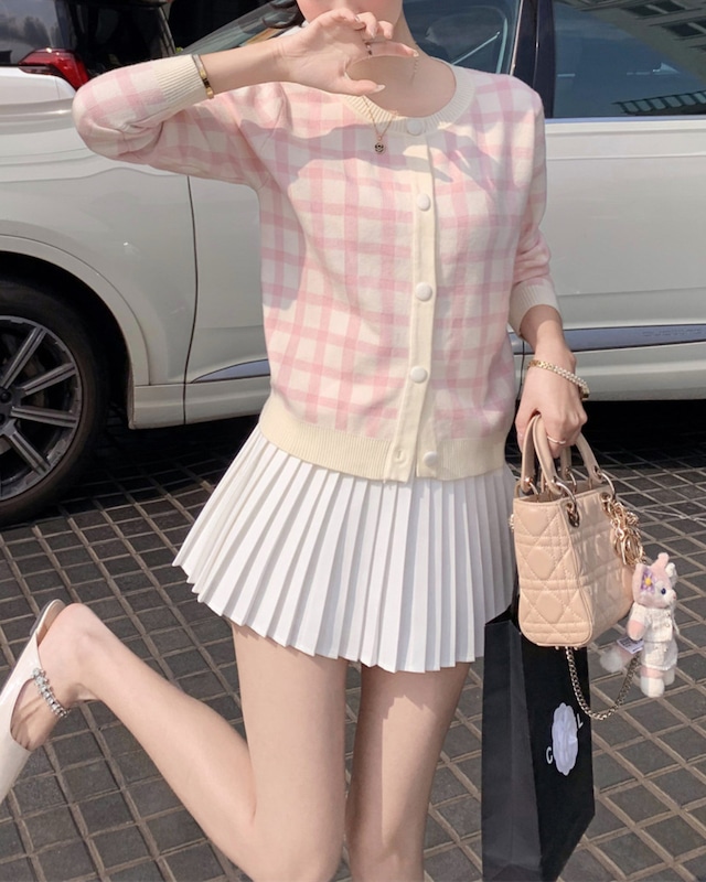 ラウンドネックパステルチェックカーディガン（2 colors） 25W08463