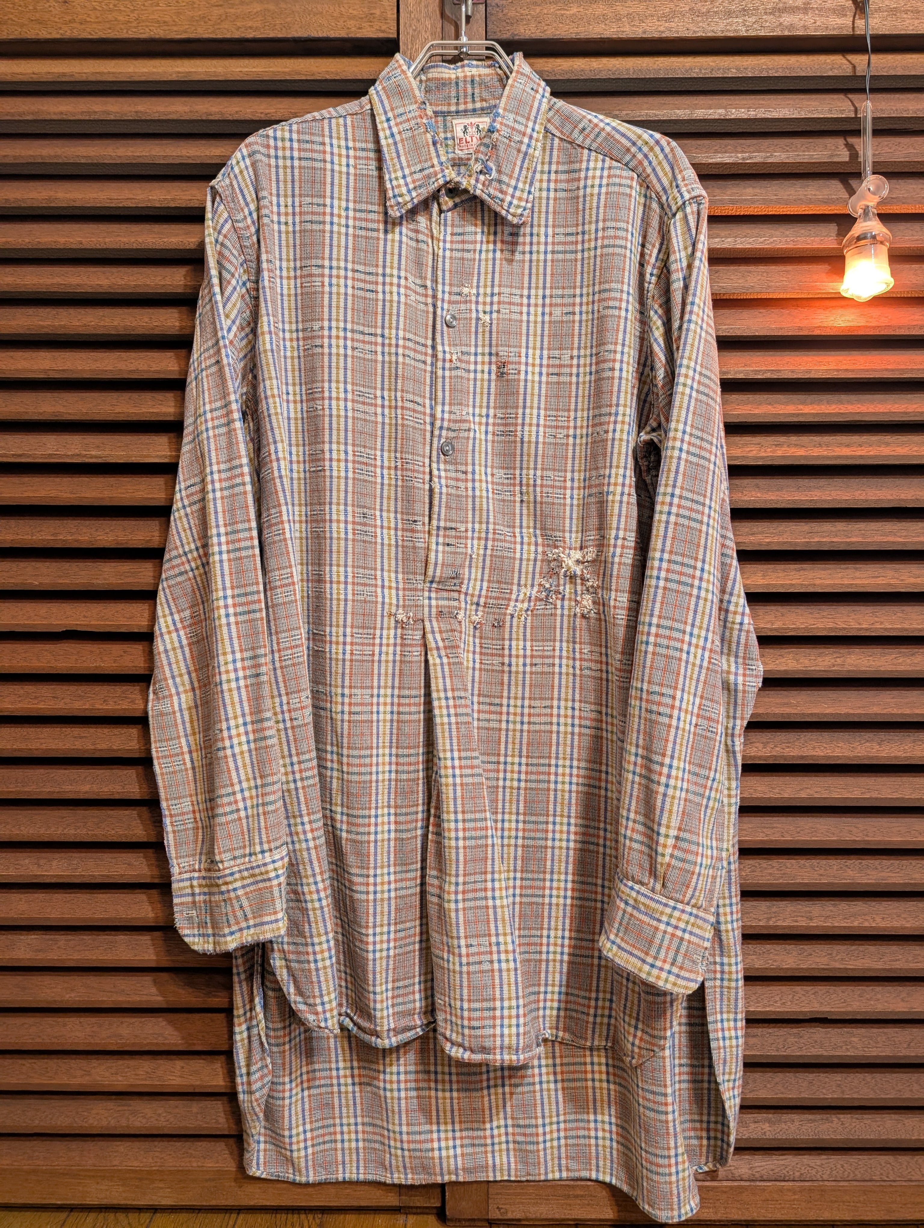 40-50s France ELTVA Granpa Shirt Orange Blue Yellow Check Repaired