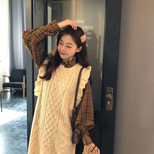 ✞ノースリーブニットフリルセーターチュニック or チェックシャツ スカート レトロ スウィート ✞ゴスロリ SM ミリ 甘ロリ クラロリ 和ロリ エレガント 黒ロリ 姫ロリ 華ロリ BB-BB659550479