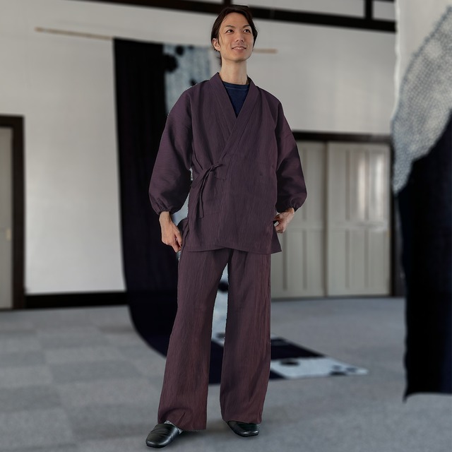 【男女兼用】【リネン100％】作務衣　上下セット【紫色】パンツサイズ2種