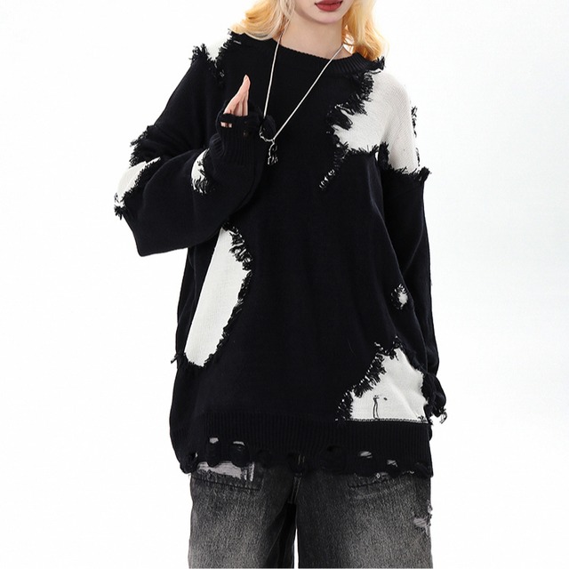 長袖 ダメージ ビッグシルエット ニット ◆2col L00316