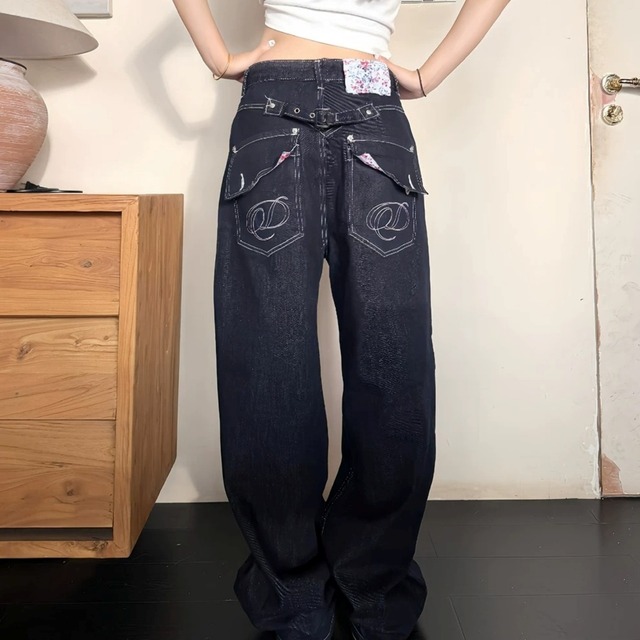 フラワーポケットシンチバックワイドラインデニムパンツ 3col R02590