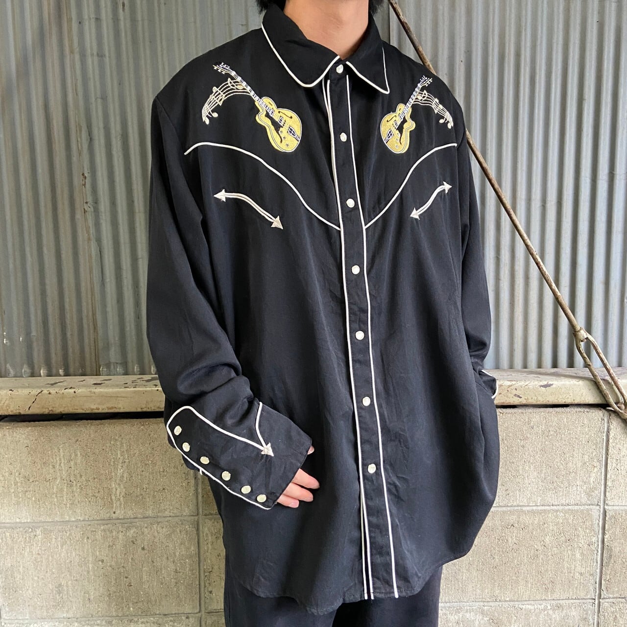 ビッグサイズ Scully 長袖 ギター 音符 車 刺繍 ウエスタンシャツ  