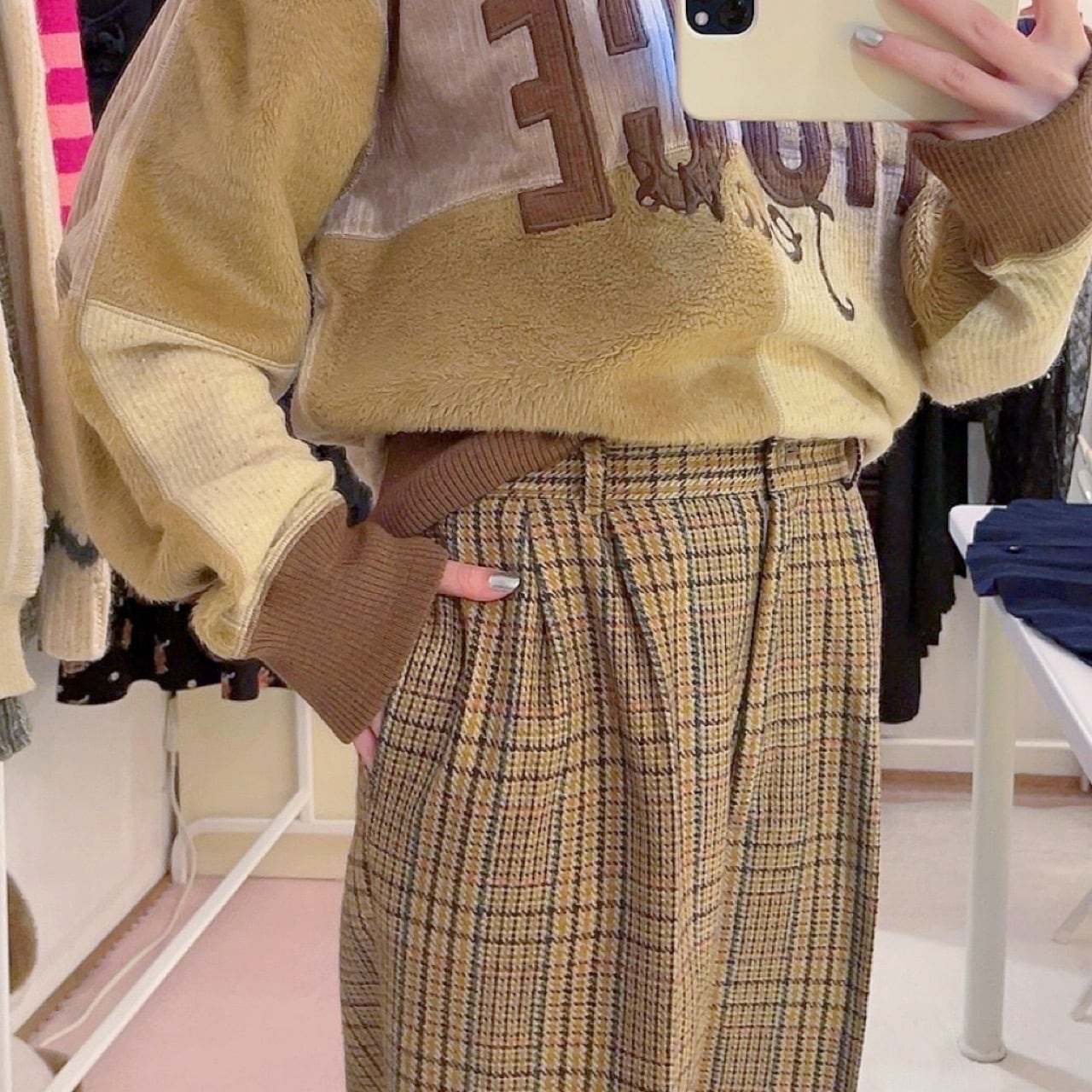 beige check wool tuck pants