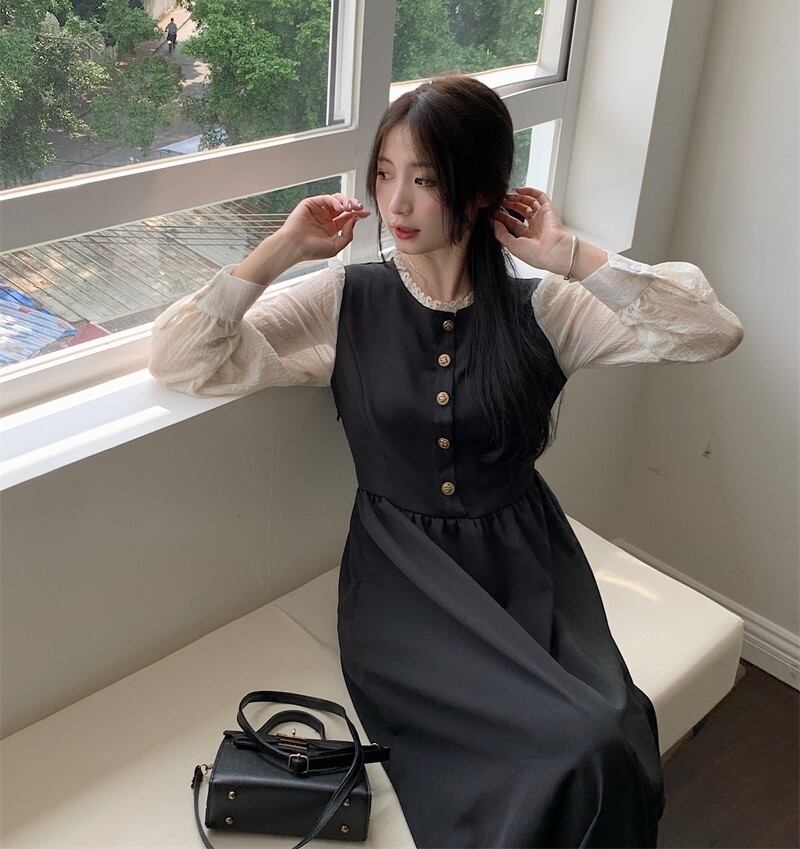 フレアワンピース ロング 復古系ワンピース リボン付きワンピース A