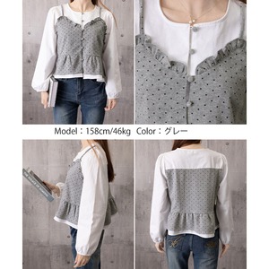 重ね着風 ビスチェ ブラウス 長袖 レディース 春秋 韓国 レイヤード きれいめ 大人 かわいい カジュアル ドット柄 シャツ シャツブラウス 大人可愛い 大人女子