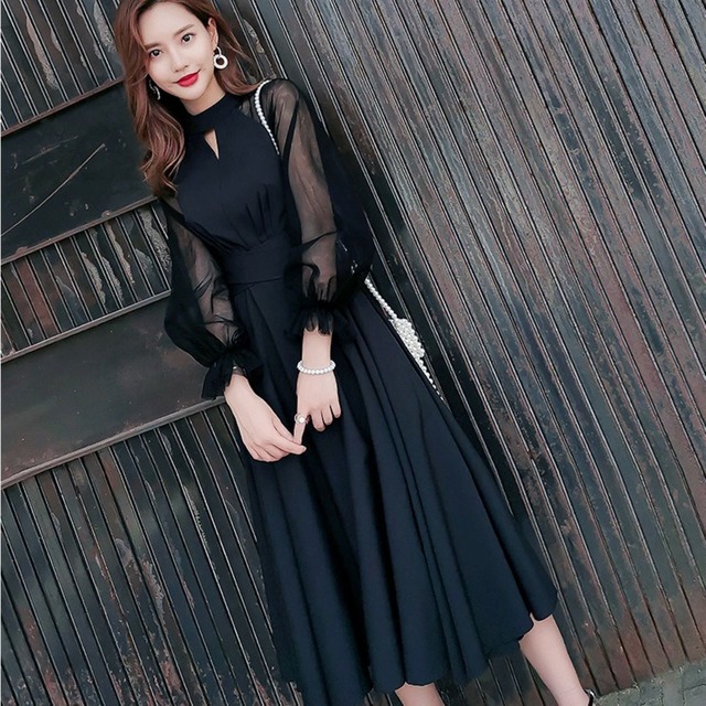 【送料無料】 パーティ ドレス ワンピース 透け感 フレア シースルー リボン フレア パフスリーブ 長袖 ミモレ丈 結婚式 お呼ばれ 演奏会 発表会 フォーマル シック 二次会 無地 きれいめ エレガント 華やか プリティ カワイイ レディース 脚長 着痩せ XS S M L XL 2XL 小さいサイズ 大きいサイズ おしゃれ 春 夏 秋 冬 ブラック 黒 大人可愛い 存在感 主役級 こなれ感 韓国ファッション 海外トレンド インスタ映え 大人気 流行 10代 20代 30代 40代 no2329