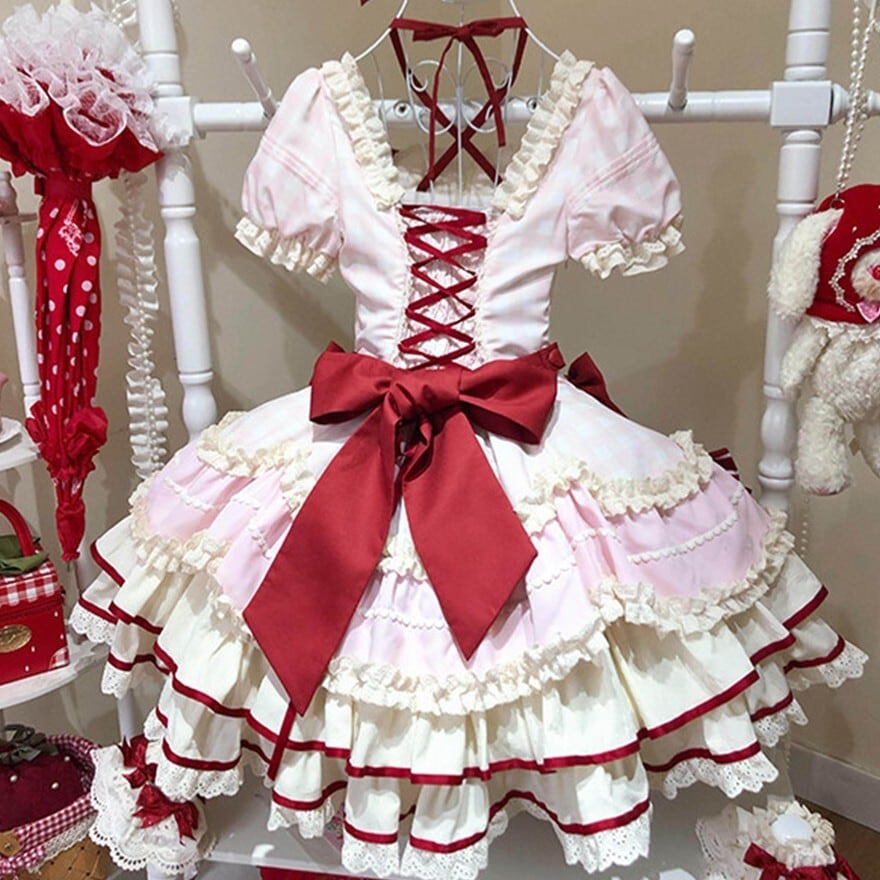 K*I様 ozz☆ozz on☆赤フリルワンピース☆ロリータ☆ゴスロリ 甘ロリ｜いちごモチーフフリルワンピース4点セット お茶会向け