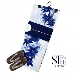 浴衣ジェンヌ 浴衣5点セット 高品質 紺の百合 水彩画調 浴衣 半幅帯