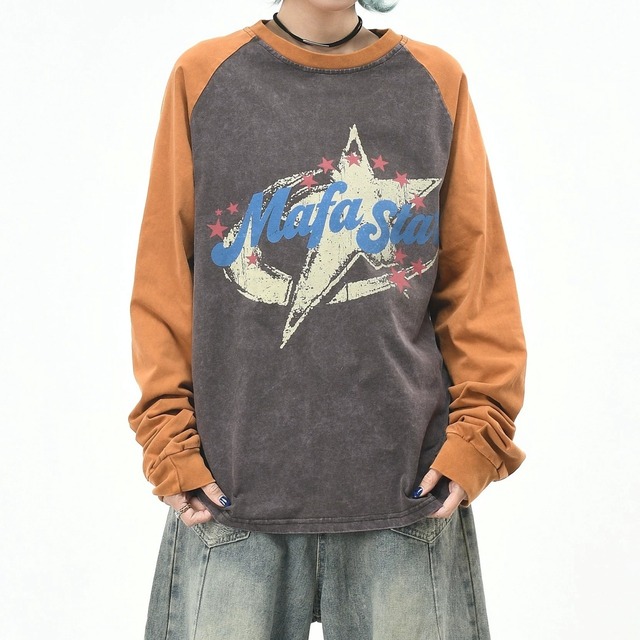クラックレターグラフィックラグランルーズフォルムTシャツ 2col R02573