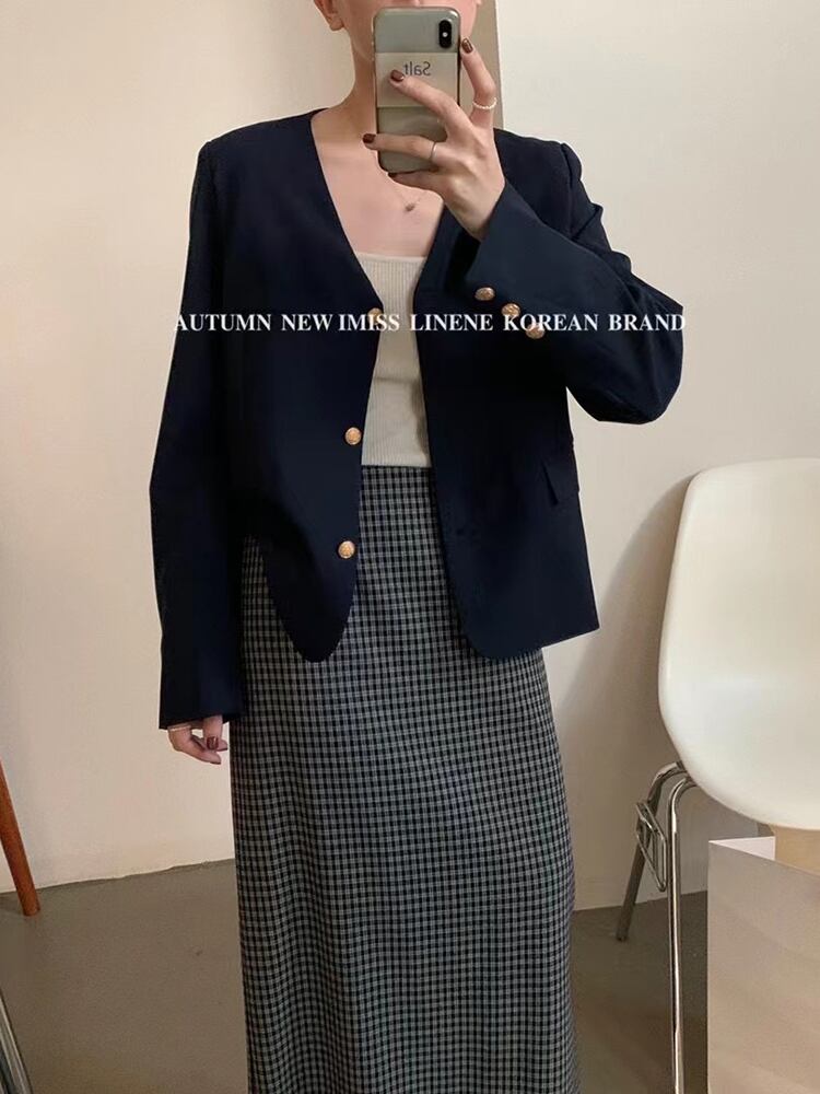 ボタンソリッド カラーショートジャケット スプリングオータムスタンダードルーズVネック レトロ 春物 秋物 ソリッドカラー ビッグFスモールZ韓国47446529179