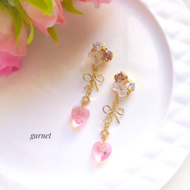 ビジューとお花とリボンハートピアス/イヤリング ピンク 231 | garnet