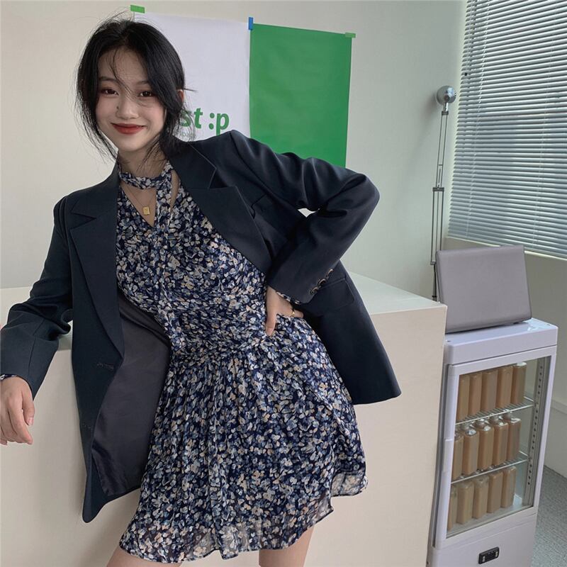 フローラルドレス シフォンウェストショートスカート スプリングVネックスリム ロング 春物 花柄 ブラックストロベリース25827214762