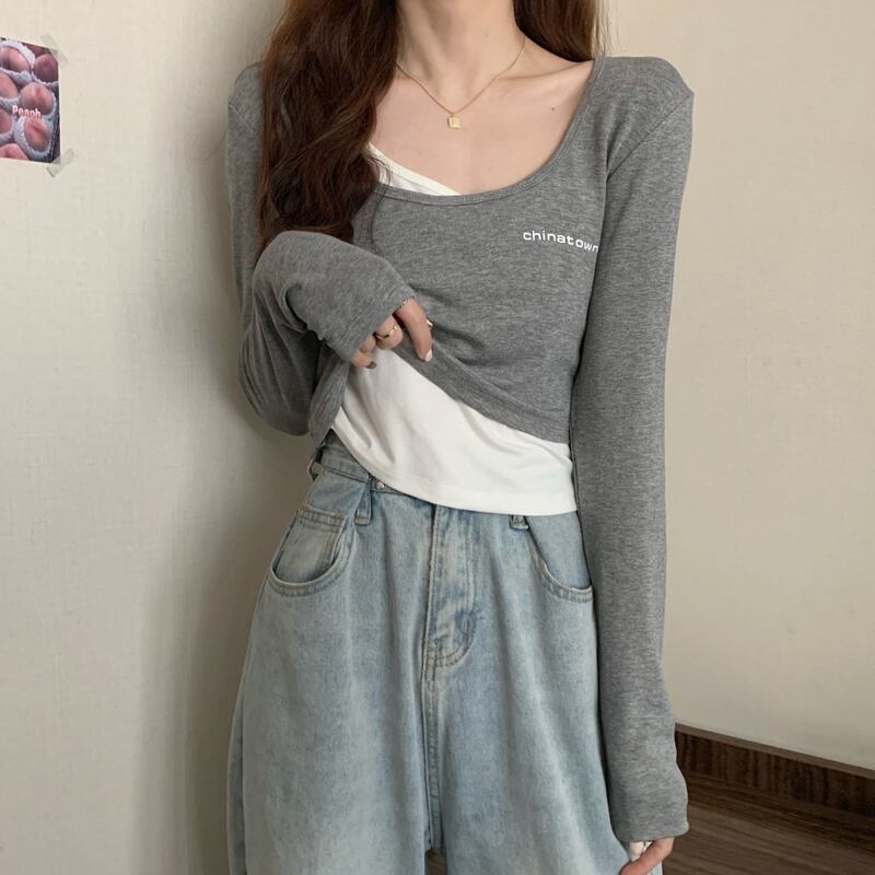 Tシャツ シャツ スプリングショートトップス ロング 春物 ステッチ スーパーモール30200404965