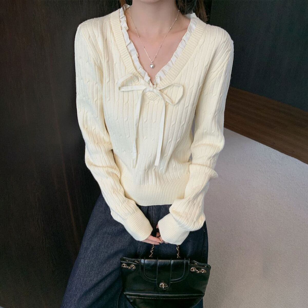 ニット 長袖 リボン フリル レディース 春秋 韓国 おしゃれ 大人 かわいい きれいめ カジュアル Vネック フェミニン ガーリー 大人可愛い 大人女子