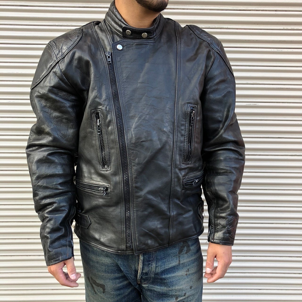 80s Euro Vintage UK Rauf レザー ダブル ライダースジャケット 肩 