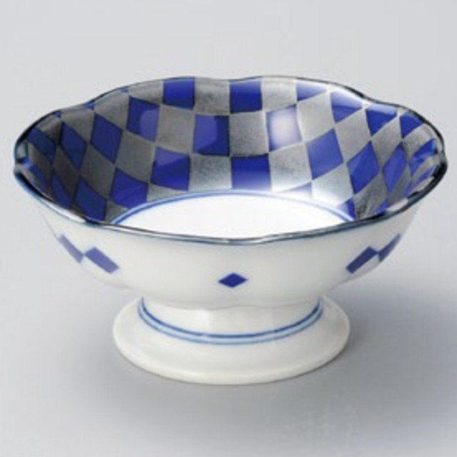 藍銀彩市松ﾃﾞｻﾞｰﾄ鉢[1013] 60-29-757高台小鉢