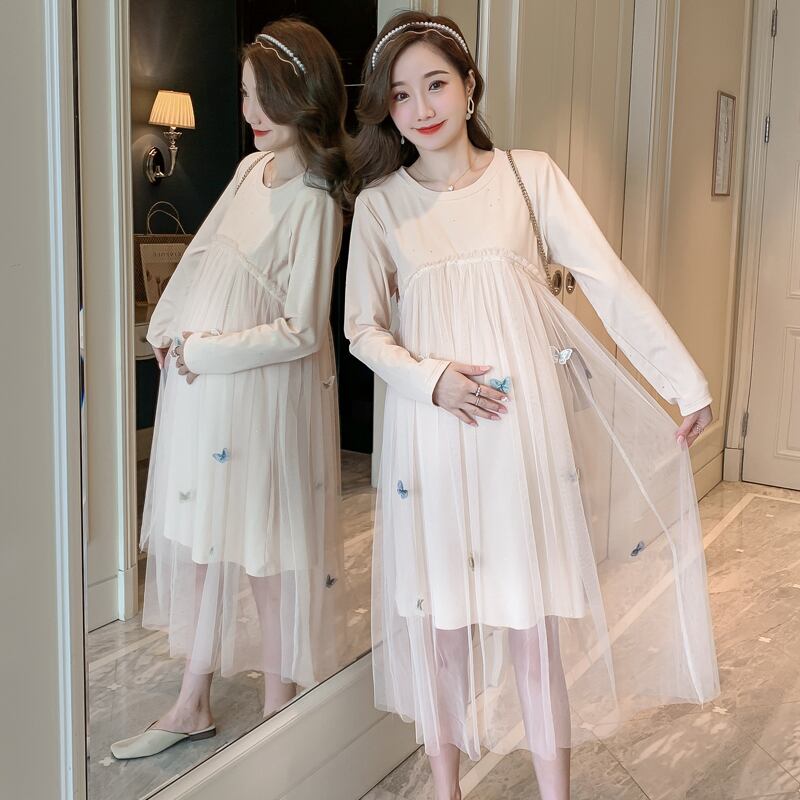 【新作】【送料無料】 6858＃マタニティ服春秋長袖イージーマッチングルーズスタイリッシュガーゼパッチワークドレス妊婦ママドレス ロング スプリング 春物 オータム 秋物 AL expec385793303612