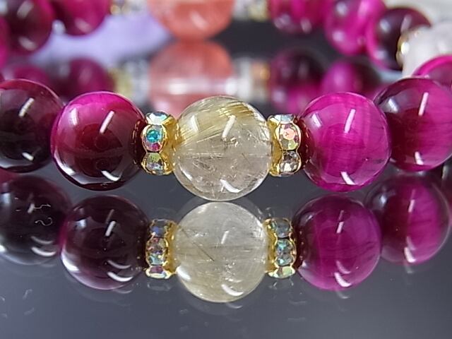 朱雀水晶 恋の神様ブレス ローズクォーツ ピンクタイガーアイ ルチル