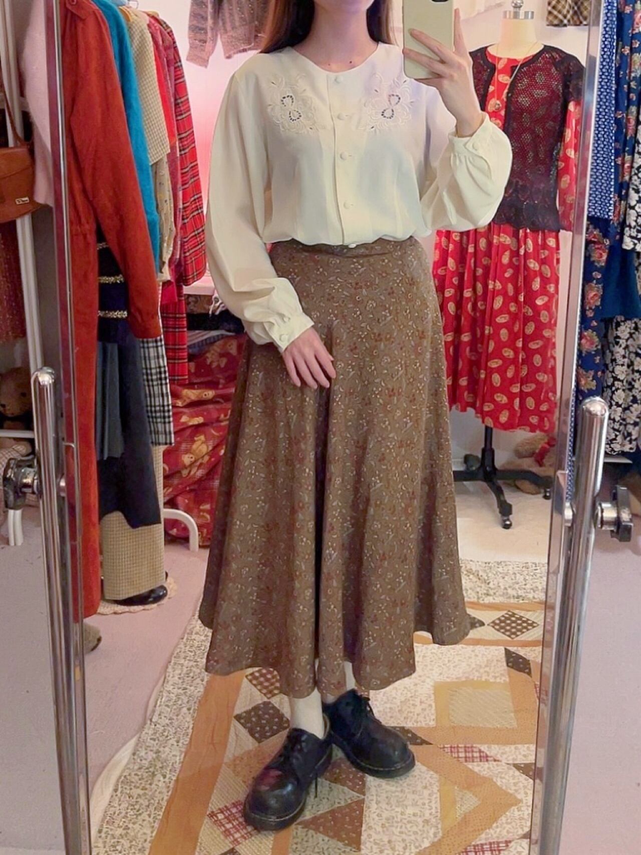 brown flower leaf flare skirt