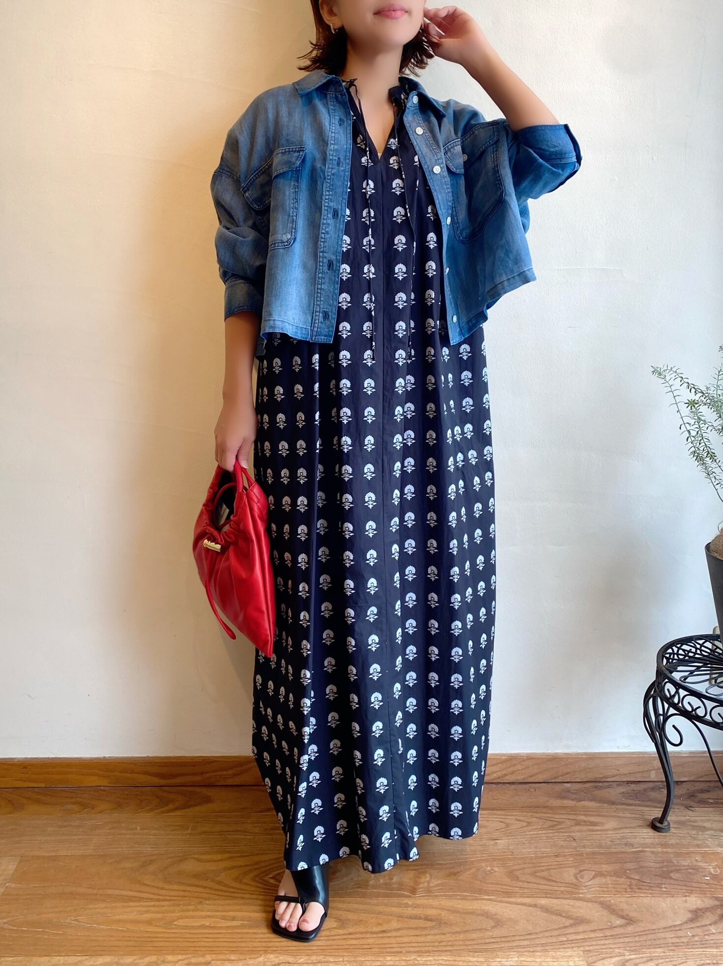 ne Quittez pas /ポプリンフラフプリントフレンチスリーブシャツドレス  