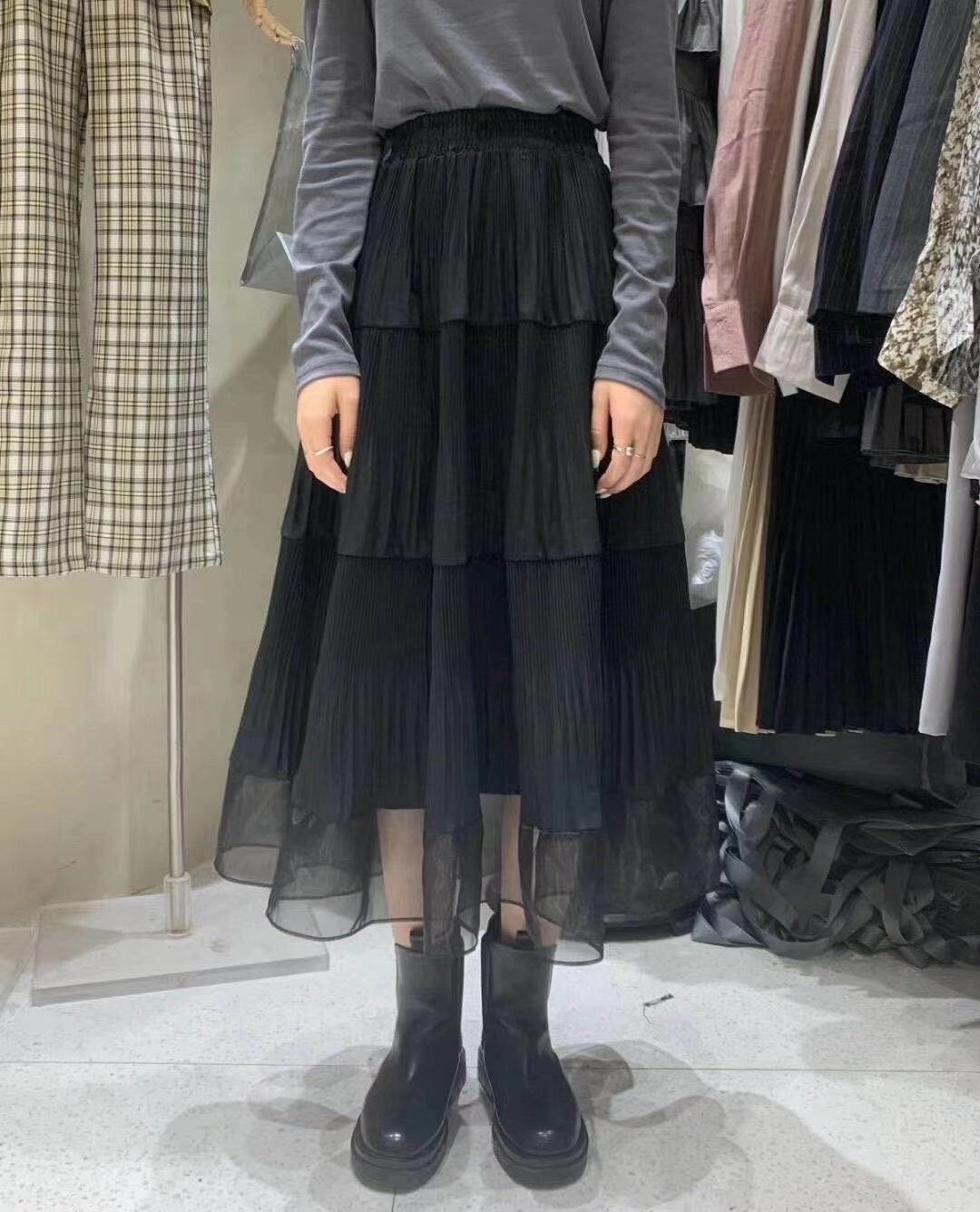 プリーツ×シフォン切り替えスカート　AJ11394−1676