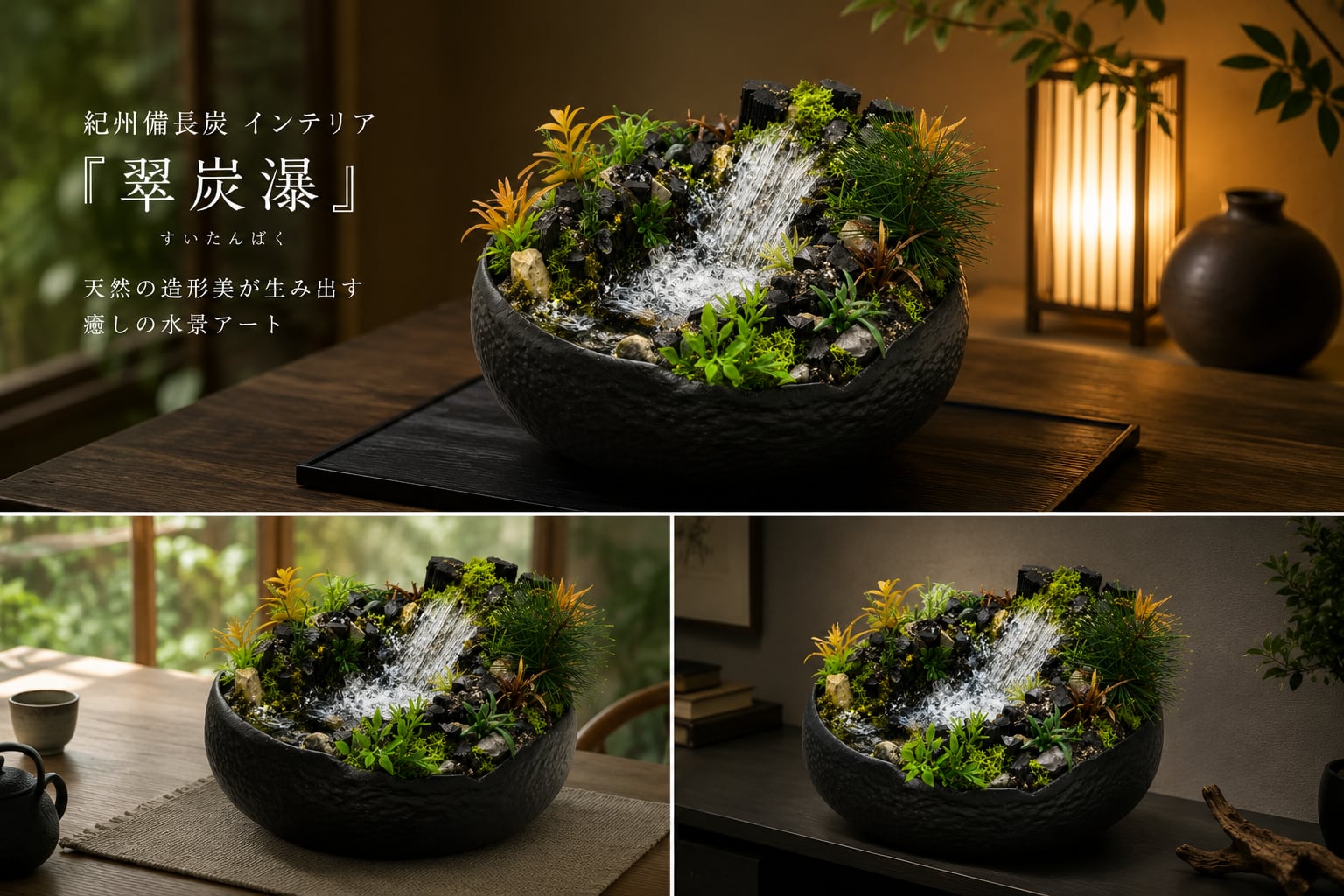 紀州備長炭 インテリア 『翠炭瀑』 置物 炭 オブジェ 雑貨 消臭 調湿