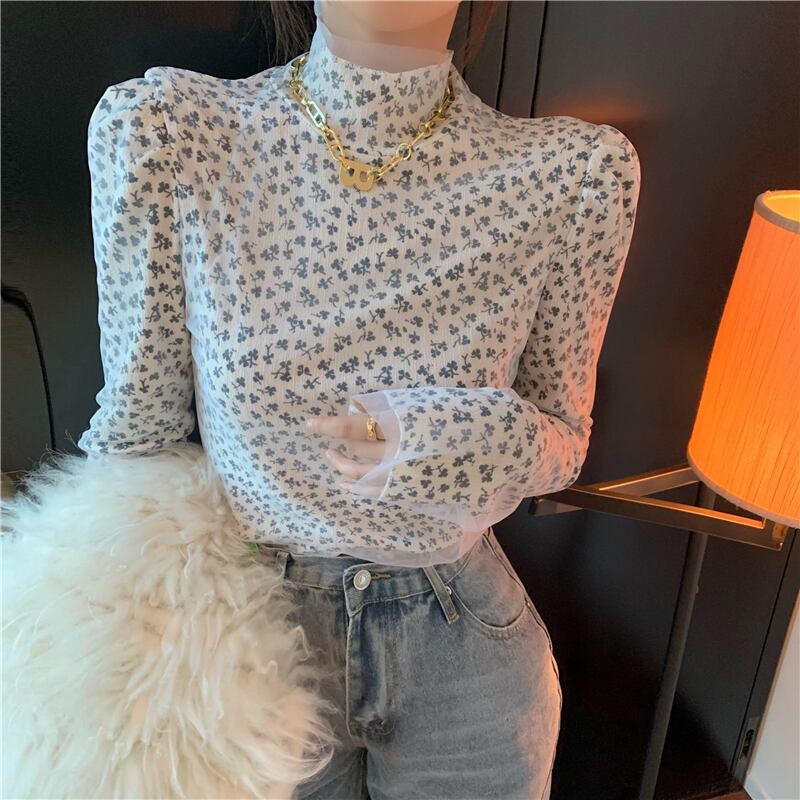 Tシャツ シャツ カラースリムフローラルメッシュスプリングホワイトトップス ロング 春物 花柄 ブラックストロベリース58465870609