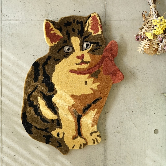 ラグマット Antique-style cat face (Brown)