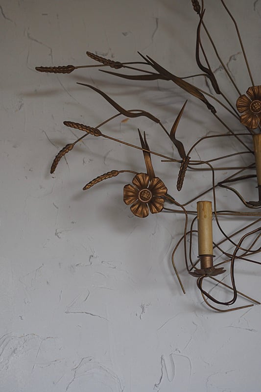 広がる麦穂とお花 大きな壁掛けオブジェ-antique brass wall