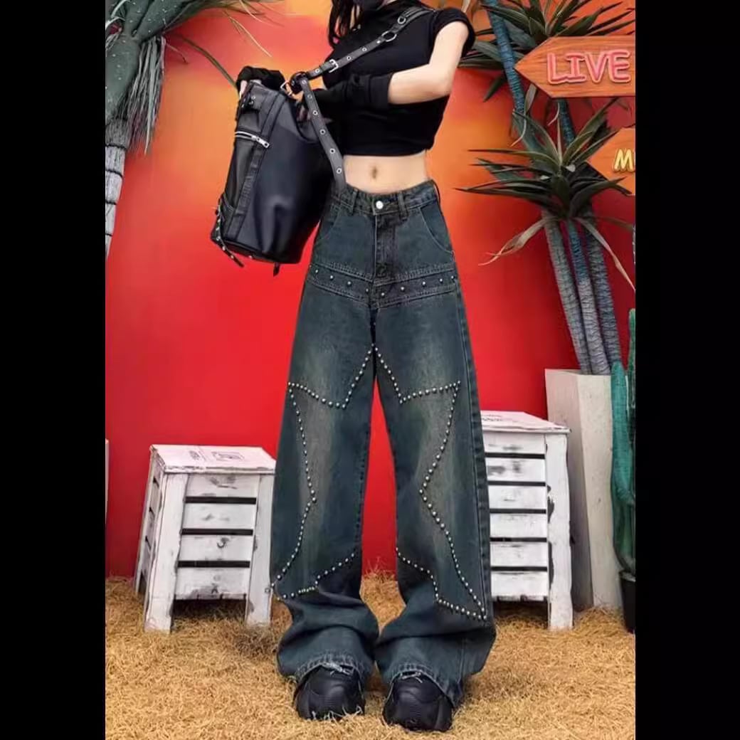 2色Y2Kハイウエストワイドレッグジーンズ FN490 | FFF CLUB