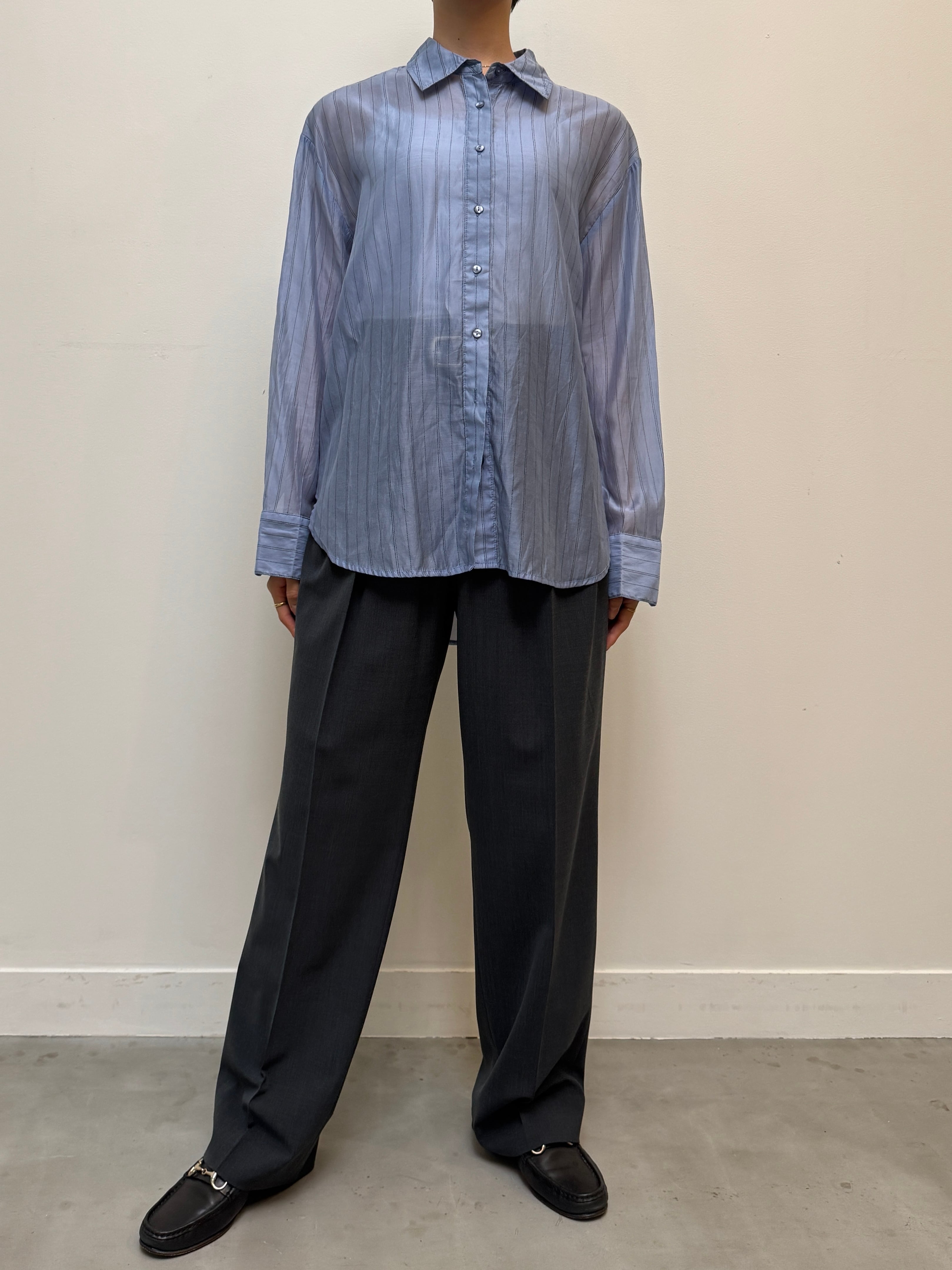 BL13-8 USED STRIPE SHEER SHIRT -BLUE-