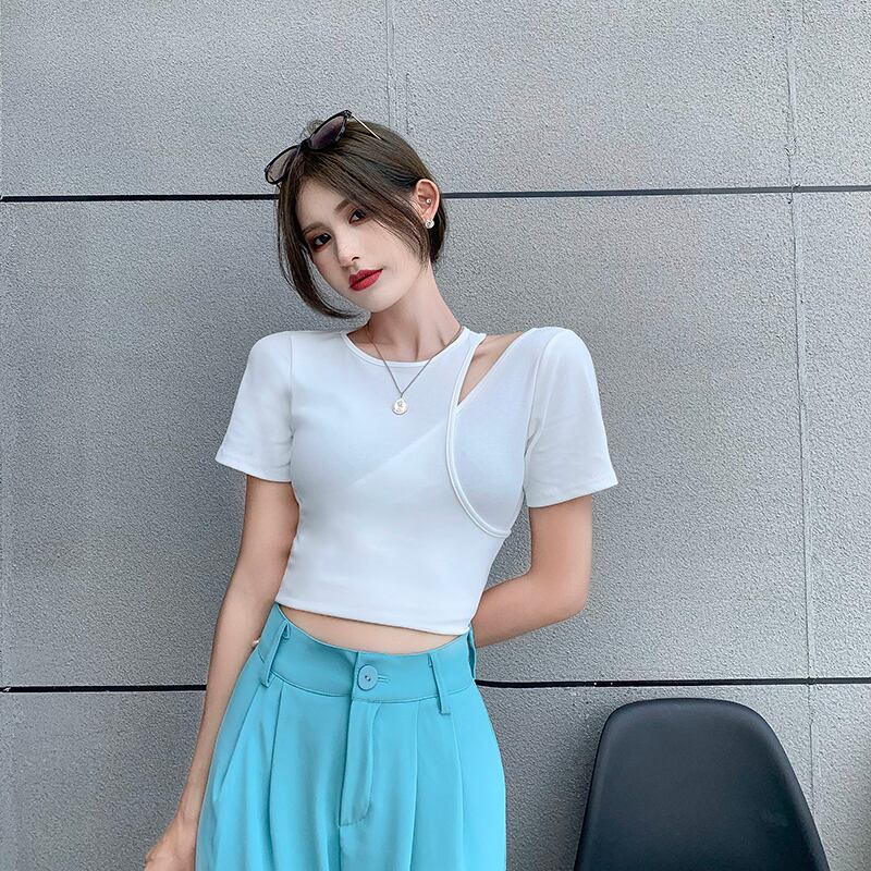 サマーショートTシャツ 薄手トップス レディース ハイウェスト 夏物 ドラファッションホール72555334276