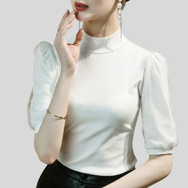 モックネック シースルーパフスリーブ スリムフィット トップス 2col D00489