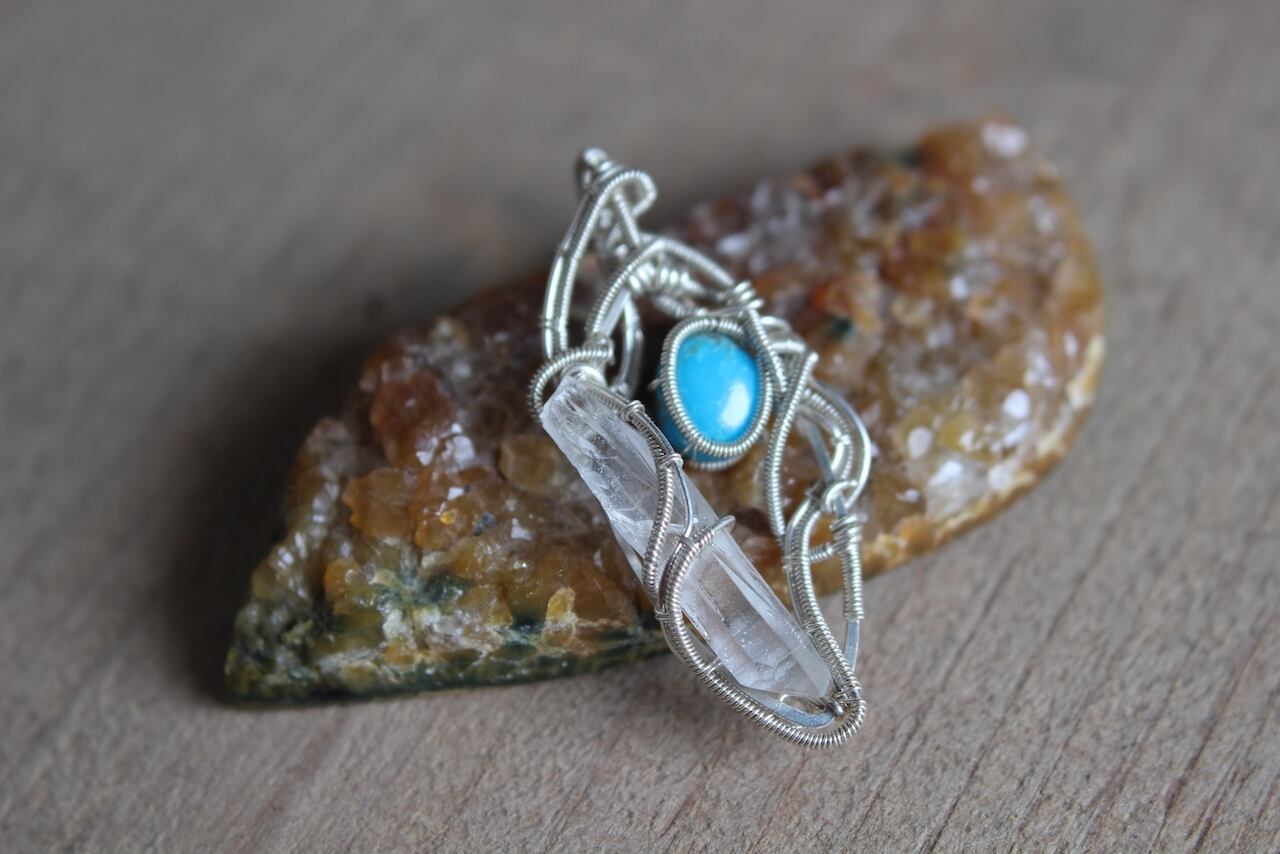 Turquoise & Crystal point silver925 wire wrapping pendant