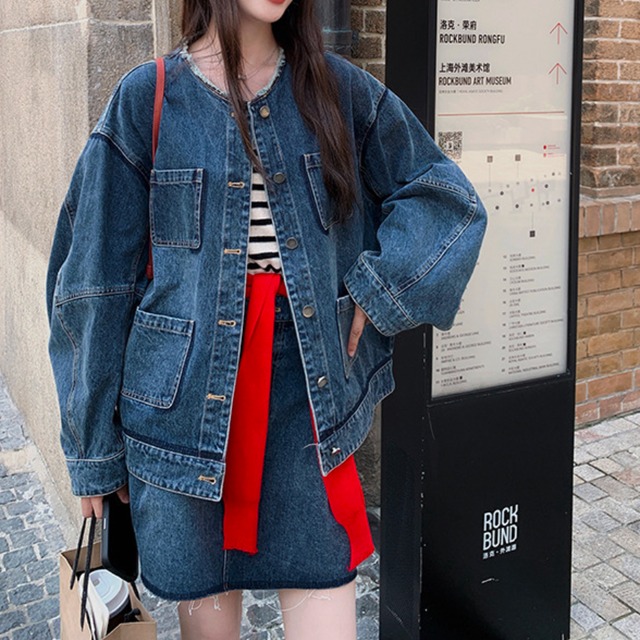 150cm〜　レトロ香港スタイルデニムセットアップ