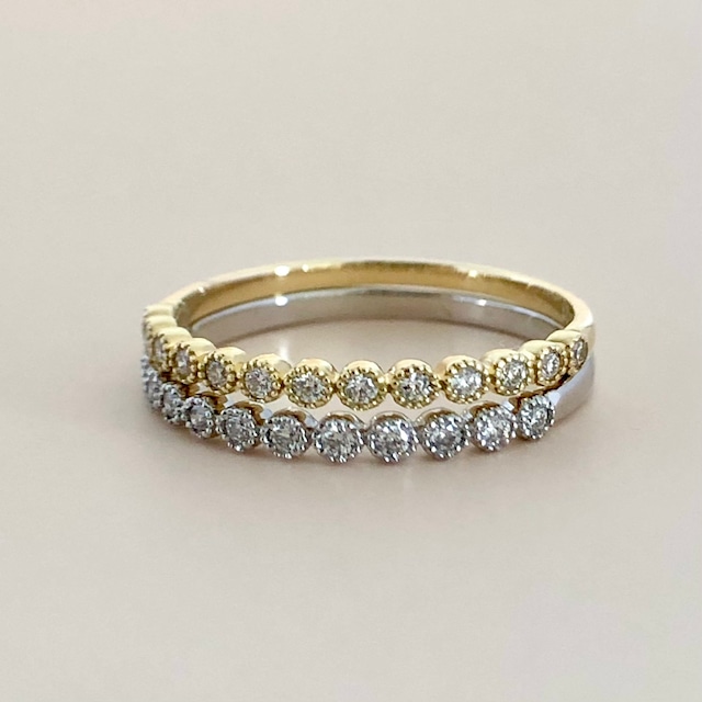 ハート＆キューピッドカット ダイヤモンド ミルグレイン ハーフエタニティ リング 0.10ct Pt / K18イエローゴールド 鑑別書付