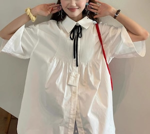 ribbon type pleated big shirt【2025032201】