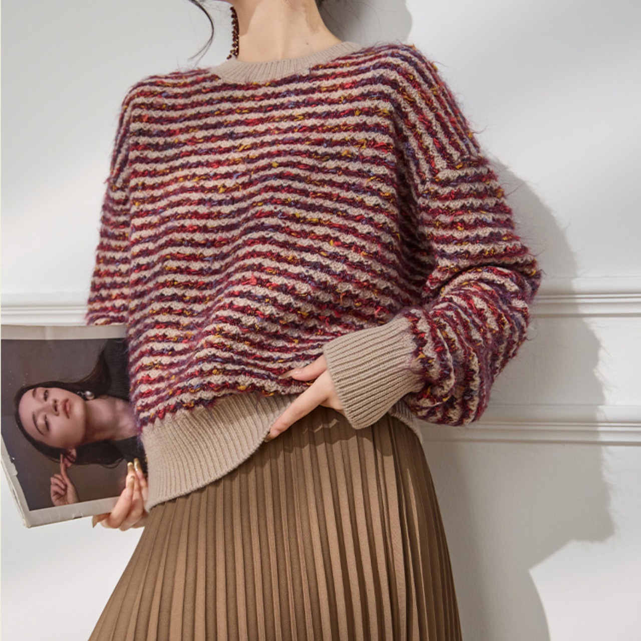 pink Border Knit Pullover T4145