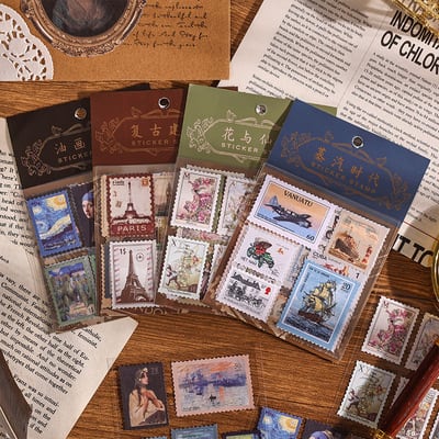 ビンテージ系シール 日月の郵便局シリーズ 全4種類 4枚×2セット 海外製