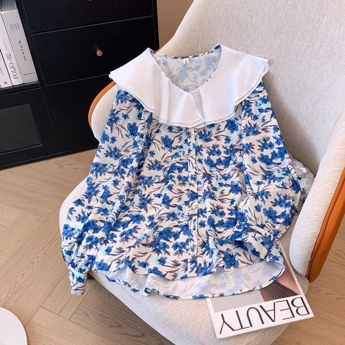 大きいサイズ トップス 襟付き レディース 春夏 新品 長袖 ブルー 花柄