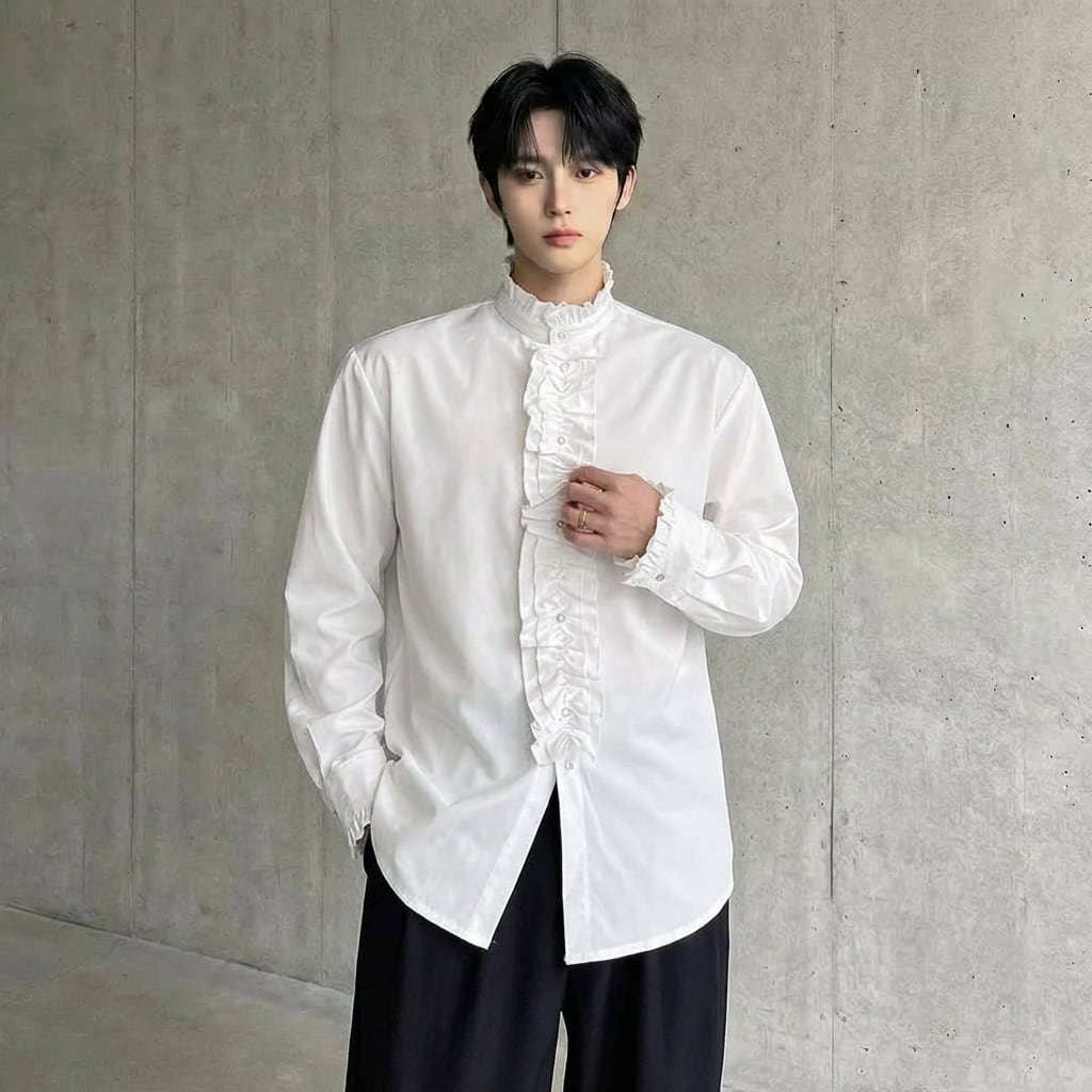 スタンドカラー 長袖フリルシャツ 2カラー D10350 | 韓国メンズ
