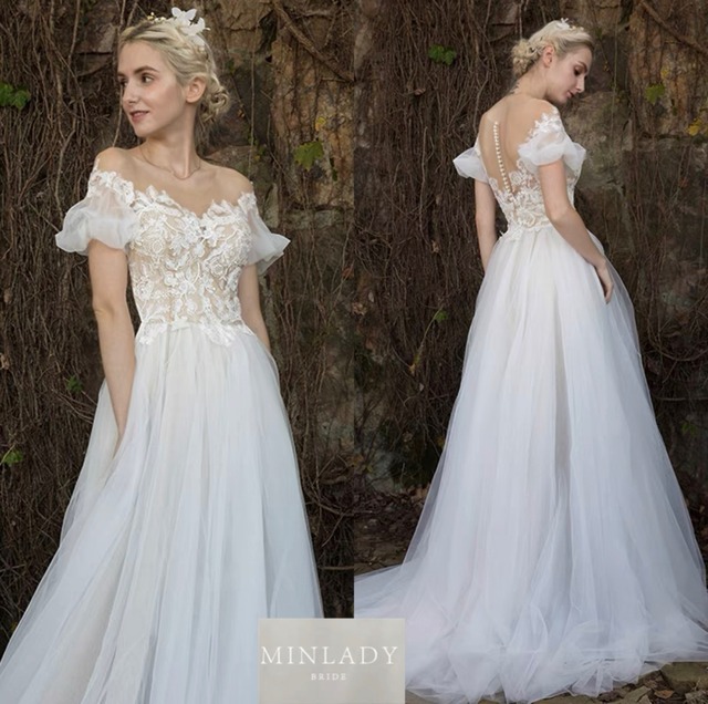 袖付き　イリュージョンネック　ウェディングドレス