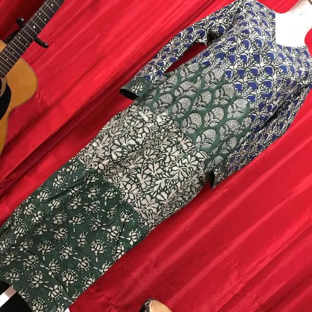 マライカ Cブロックミックスティアードワンピース 緑 グリーン