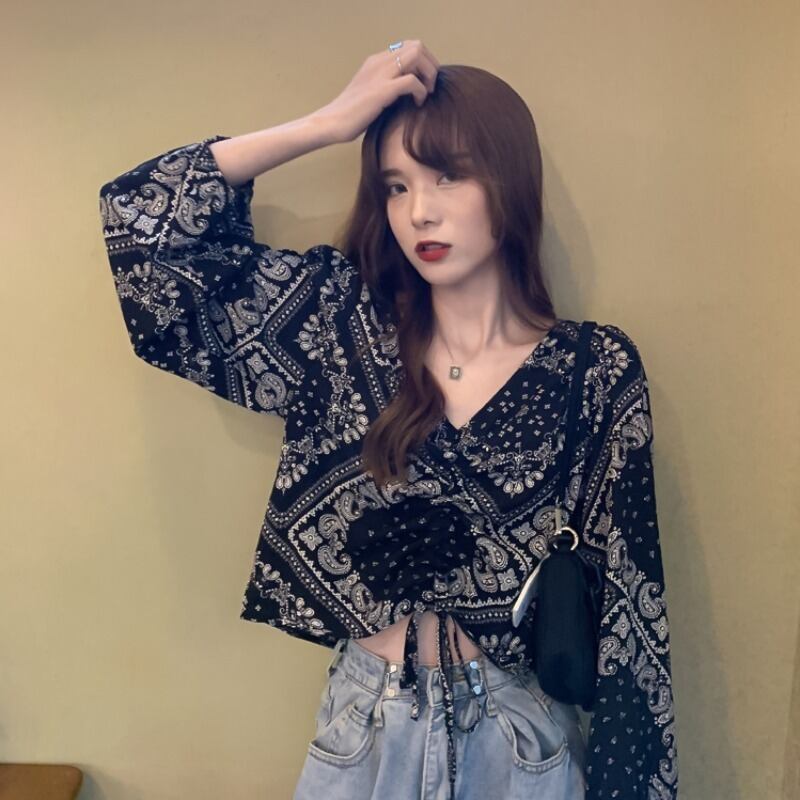 スタンダードギャザーVネックフローラルシャツ スプリングハイウェストウェストクロップドトップス レトロ 春物 花柄 YY-ファッション87353693848