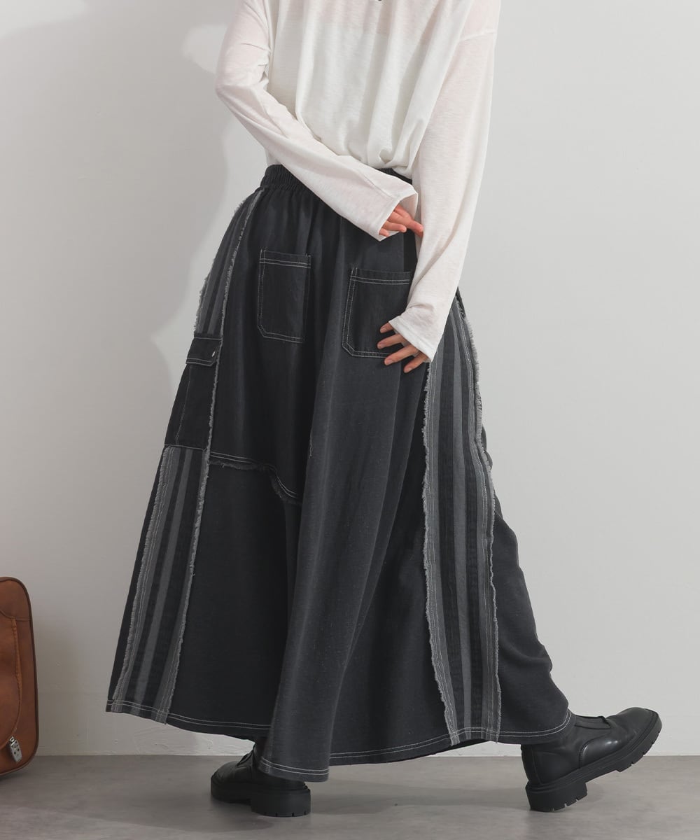 K261010 デニム切替裏毛スカート / Denim-Look Panel Sweat Skirt